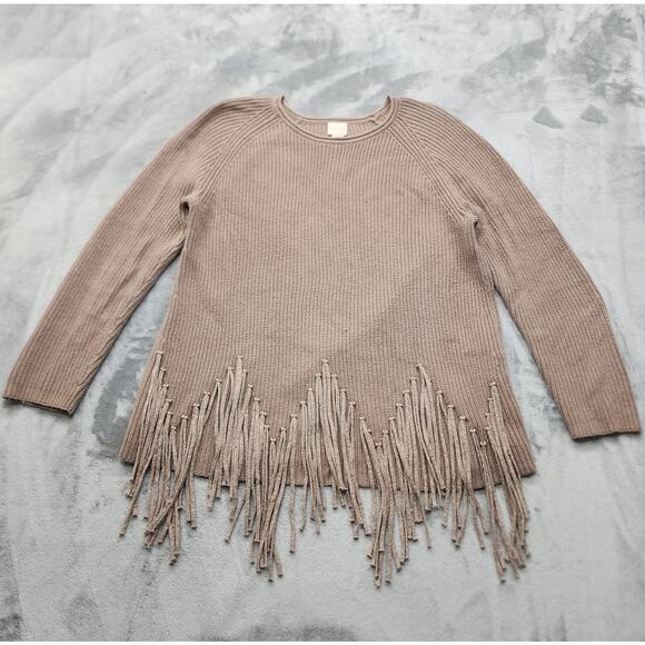 Chico's Sweaters - Chico's Sweater Womens 2 L/12 Tan Silver Metallic Drama Fringe Ribbed Knit Crew